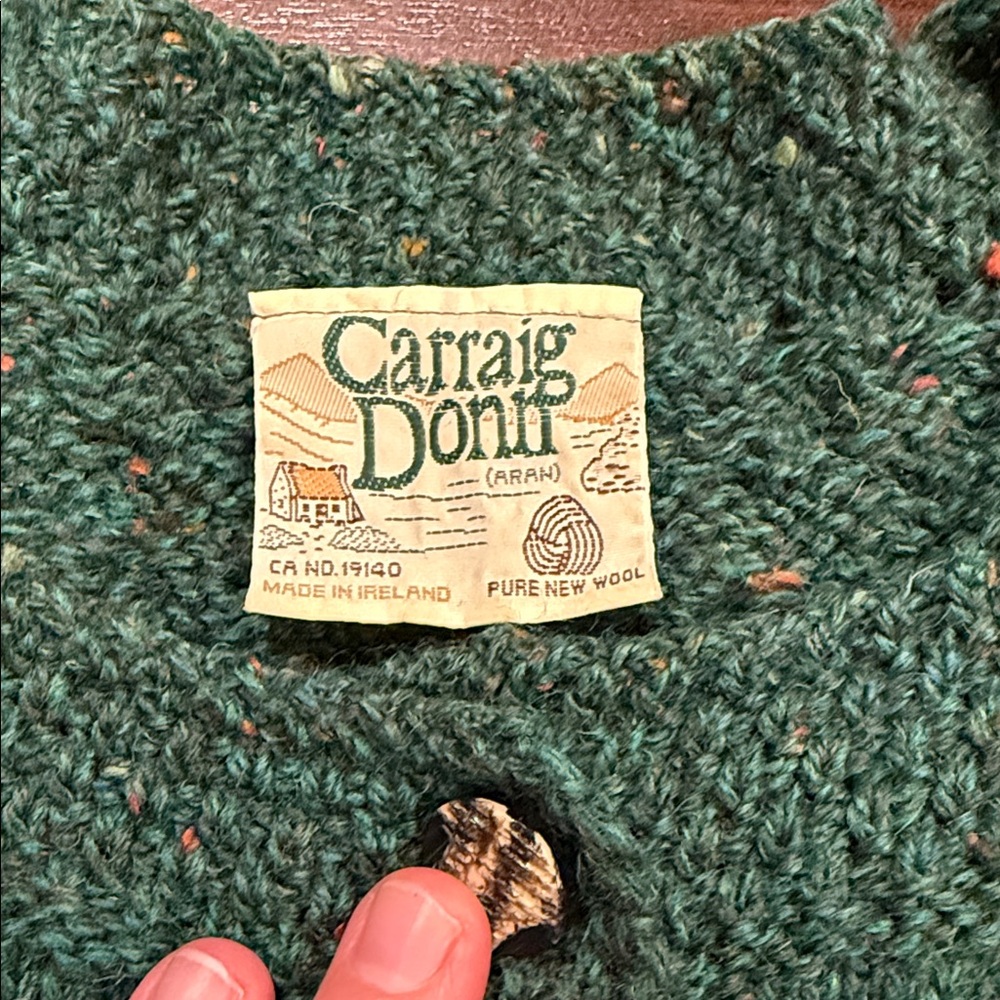 Carraig Donn Classic Green Tweed 100% Merino Wool Aran Irish Cable Knit Cardigan - Picture 2 of 6
